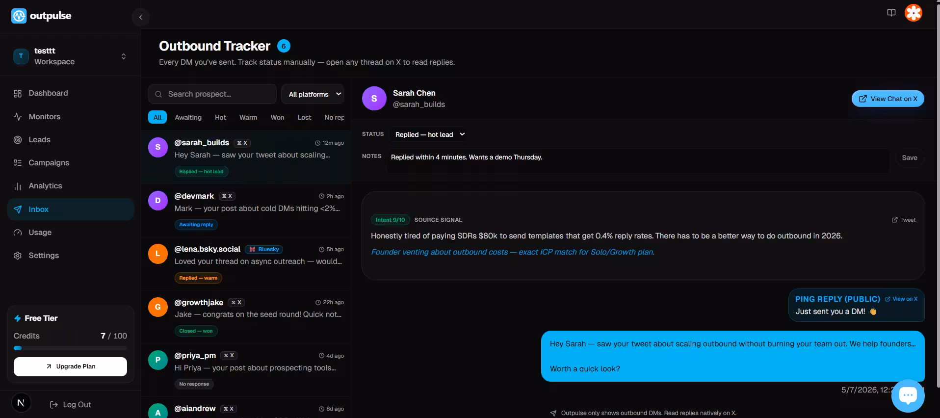 Outpulse inbox showing incoming replies and engagement metrics